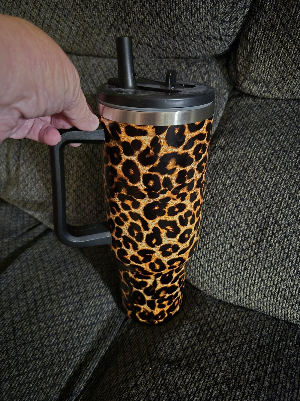 Leopard Print Insulated Travel Mug with Handle - Brown
